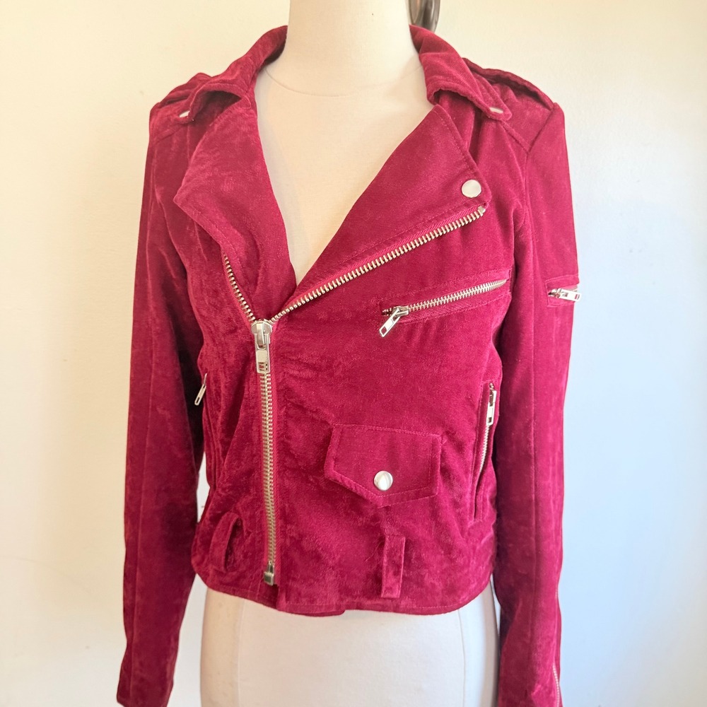 UNIF Sangre Womens Velvet Moto Jacket Magenta‎ Red Biker Small